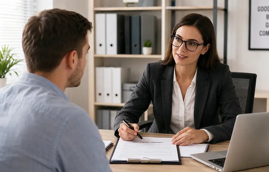 man and woman chattting over an employment contract
